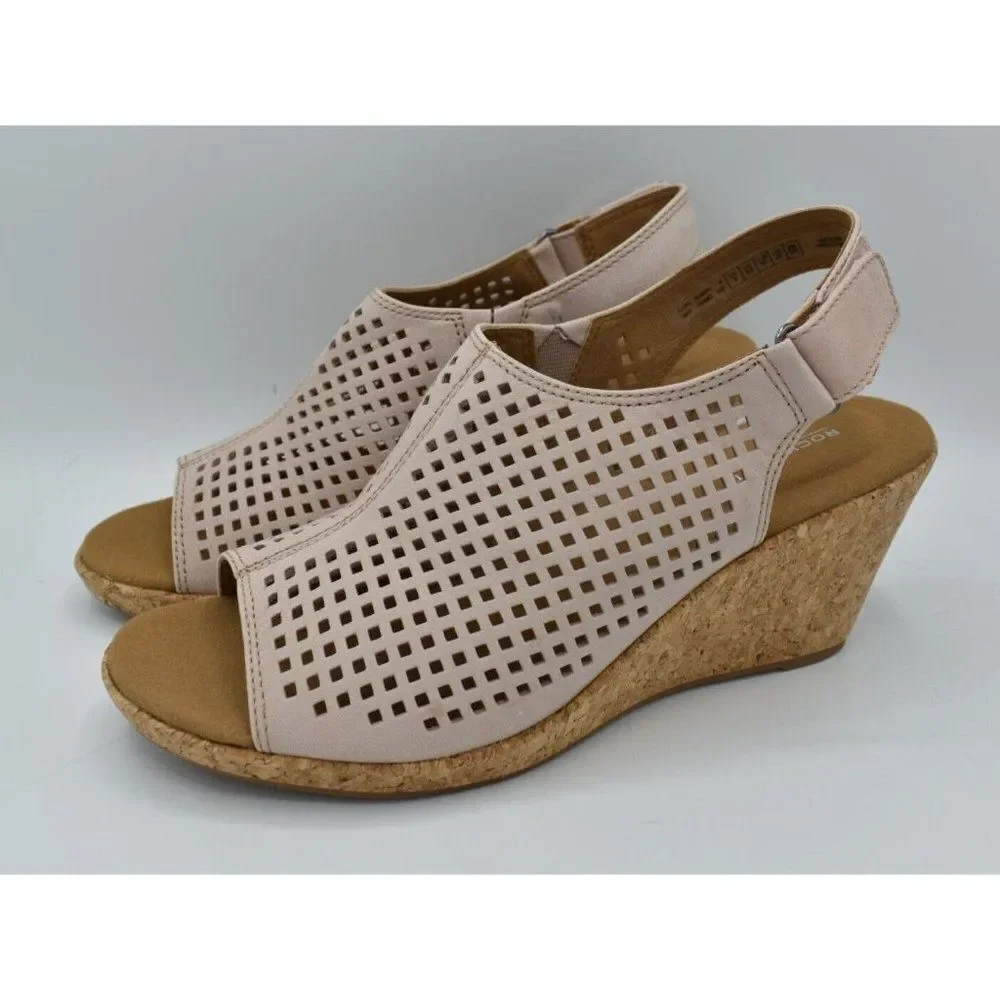 Rockport Womens Size 9‎ Briah Perforated Farro Nubuck Sling Back Wedge Sandals